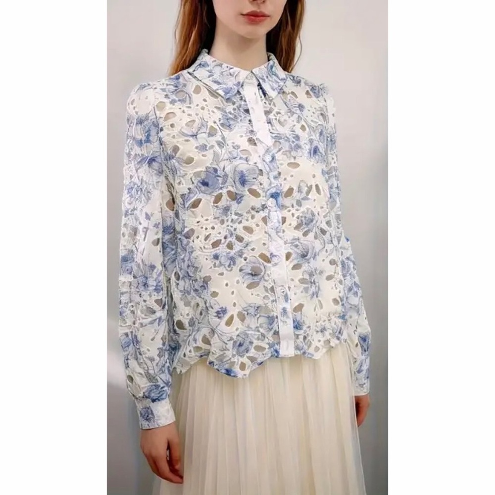 Caroline Constas Floral Lace Eyelet Blouse